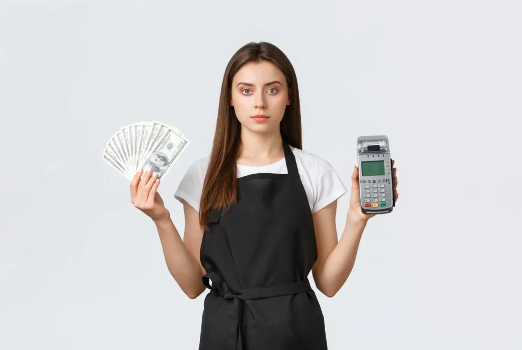 woman holding cash and payment machine