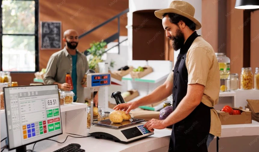 Cashier operating POS system in restaurant successfully